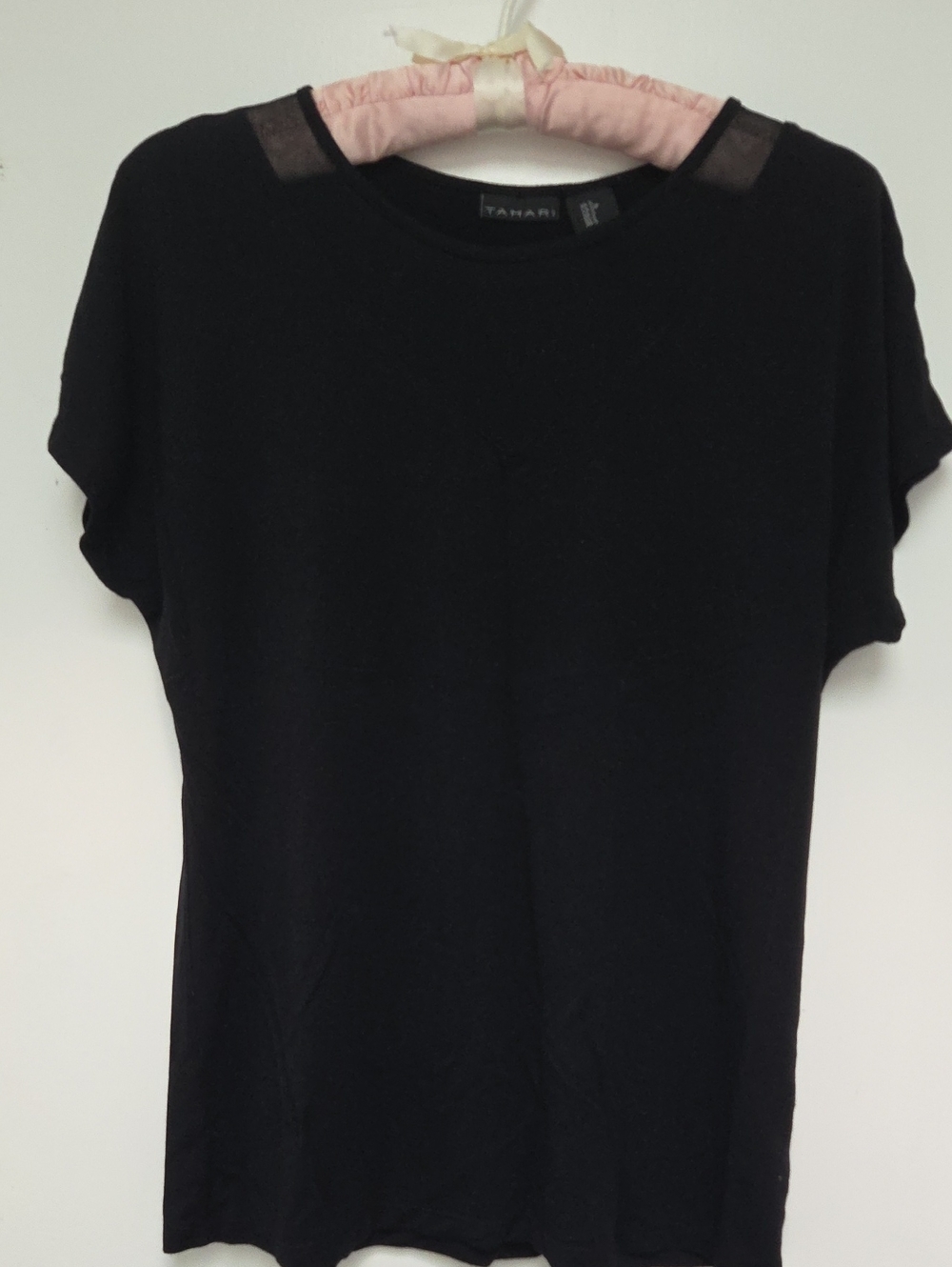 Tahari Black Short Sleeve Crewneck Top with Sheer Mesh Inset At Neckline
